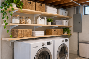 Basement laundry room shelves made from plywood with metal brackets, organized storage baskets, and a washer and dryer.