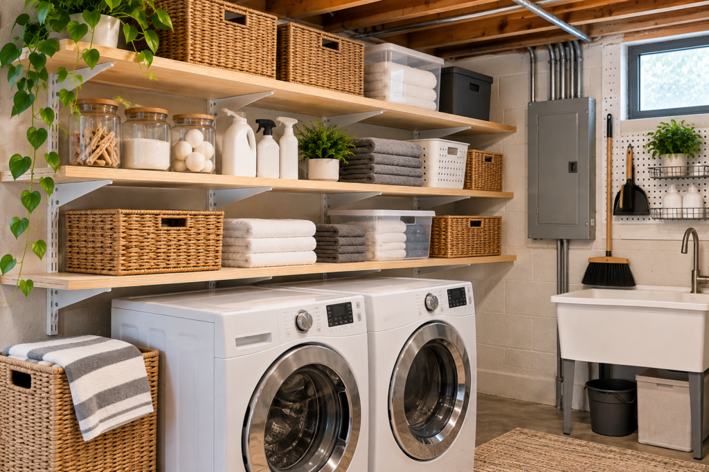 Finished basement laundry room shelves made from plywood with organized baskets, laundry supplies, and a washer and dryer.