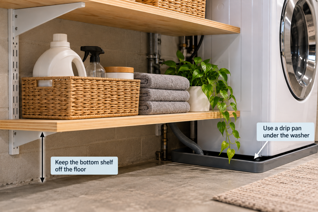 Basement laundry room shelves with raised plywood storage and a washer drip pan to help protect against moisture damage.