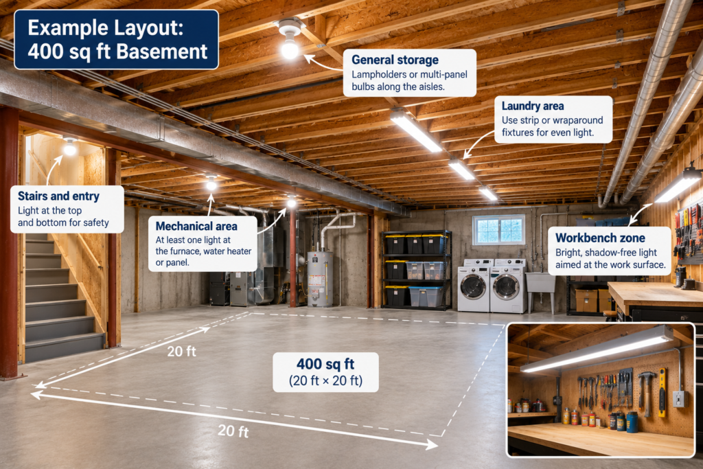 Basement lighting for exposed joists showing a 400 sq ft layout with LED bulbs, strip lights, and lighting zones for storage, laundry, and workbench areas.