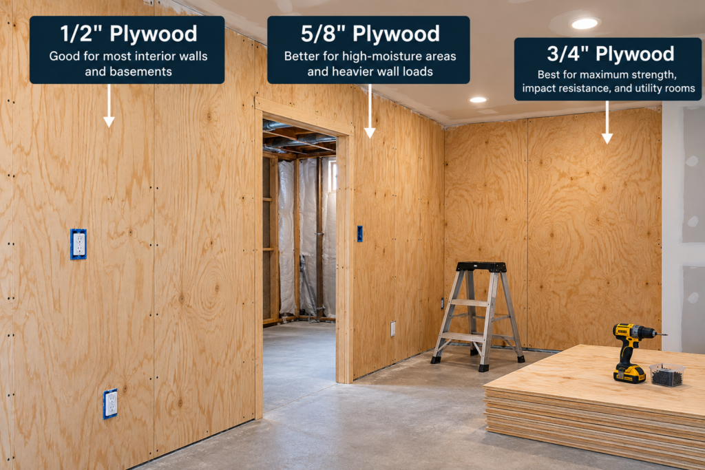 Plywood thickness for walls comparison showing 1/2, 5/8 and 3/4 inch plywood for basement and utility walls