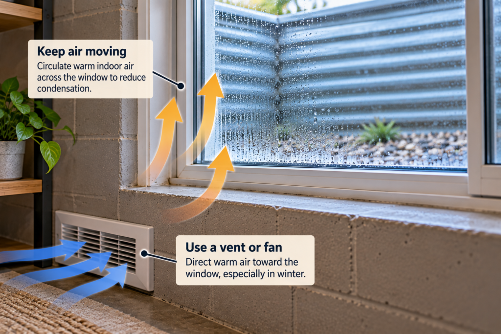 Basement window condensation reduced by air sealing and weatherstripping around the window frame