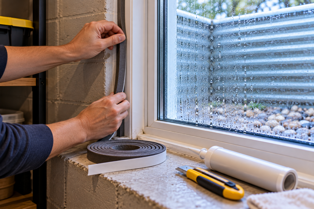 Basement window condensation reduced by air sealing and weatherstripping around the window frame