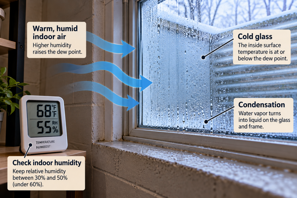 Basement window condensation caused by warm humid air meeting cold glas