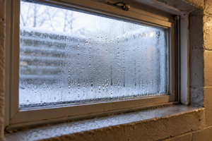Basement Window Condensation: Causes, Fixes & Prevention Basement window condensation forming on cold glass and the window frame