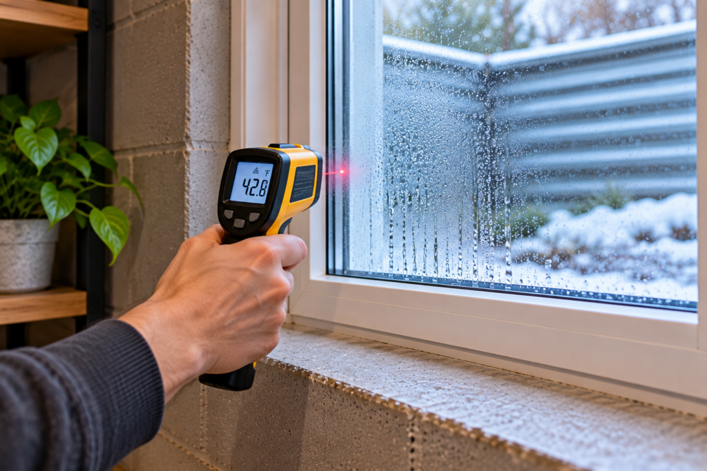 Basement window condensation checked by measuring the cold glass surface temperature