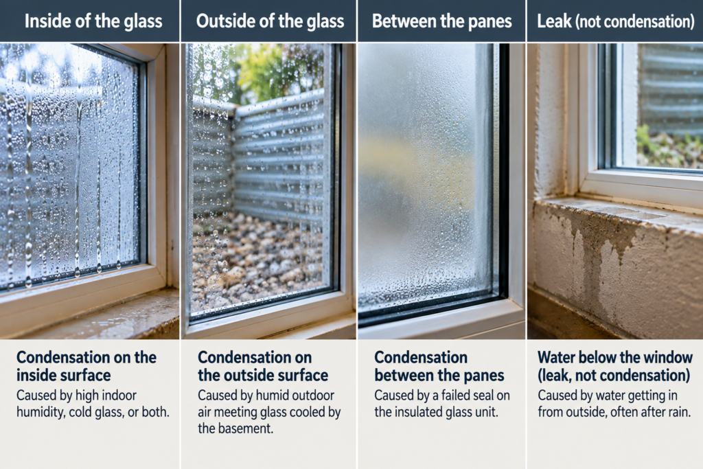 Basement window condensation shown on the inside, outside, and between window panes