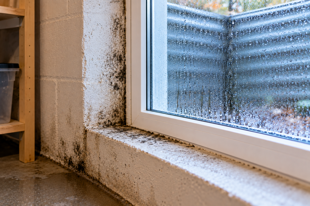 Basement window condensation causing mold and moisture damage around the window frame and sill
