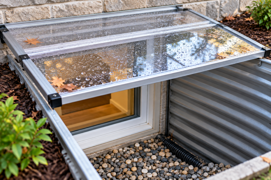 Basement window condensation prevention with a clear window well cover and proper drainage
