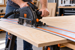 Best Budget Track Saw for Plywood: 5 Picks Compared Best budget track saw for plywood cutting a sheet of 3/4-inch plywood along an aluminum guide rail in a woodworking workshop.