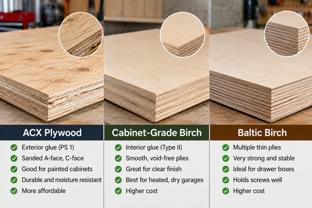 Best plywood for garage cabinets comparison showing ACX plywood, cabinet-grade birch, and Baltic birch with differences in veneer layers and construction.