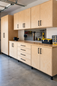 Best plywood for garage cabinets featuring custom birch plywood storage cabinets, drawers, and a workbench in an organized garage.