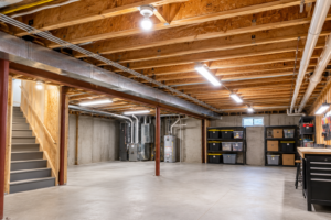 Budget Basement Lighting for Exposed Joists: Options Compared Budget basement lighting for exposed joists featuring LED shop lights and ceiling-mounted LED bulbs illuminating an unfinished basement.