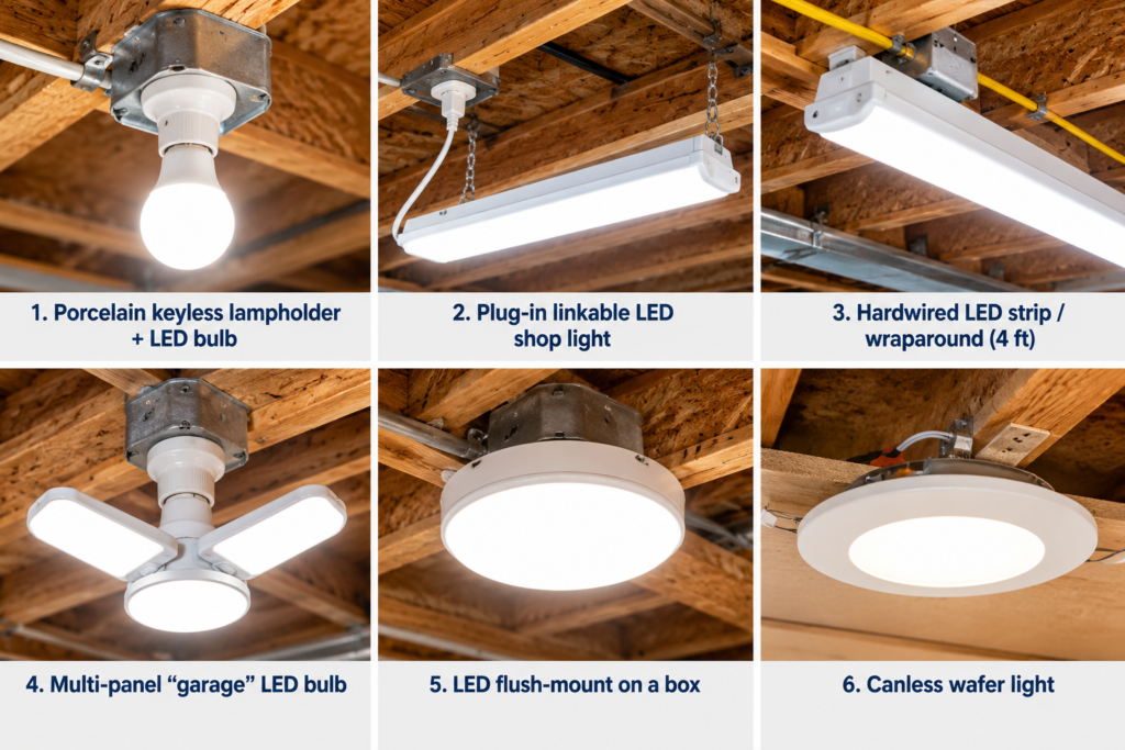 Budget basement lighting for exposed joists comparison showing six options: porcelain lampholders, LED shop lights, hardwired LED strips, garage bulbs, flush-mount fixtures, and wafer lights.