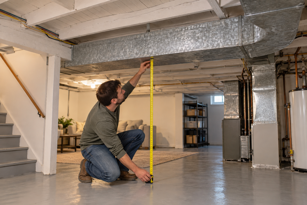 Budget basement drop ceiling with removable tiles providing access to plumbing