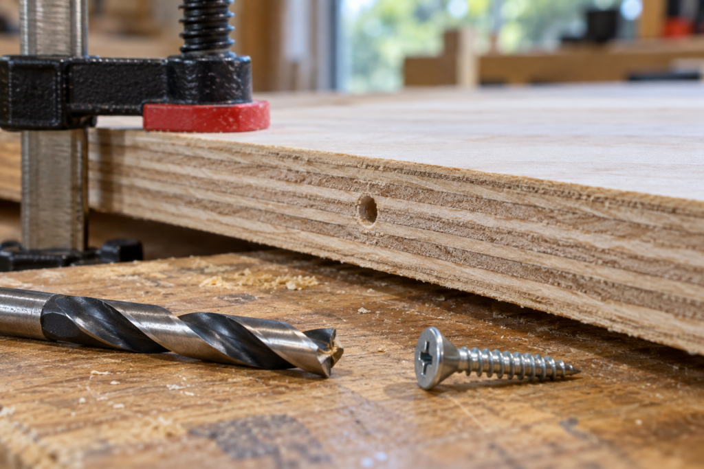Centered pilot hole drilled into the edge of three-quarter-inch plywood.