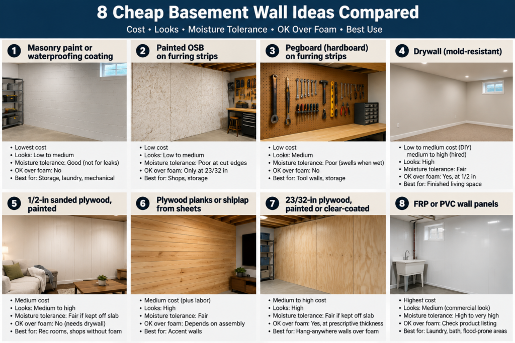 Cheap basement wall ideas comparison chart showing 8 budget-friendly options, including painted concrete, OSB, pegboard, drywall, plywood, shiplap, and PVC panels.