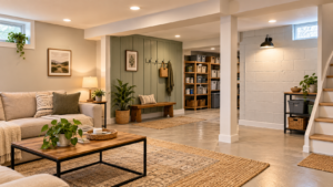Cheap basement wall ideas featuring painted plywood paneling, smooth drywall, and painted concrete walls in a finished basement