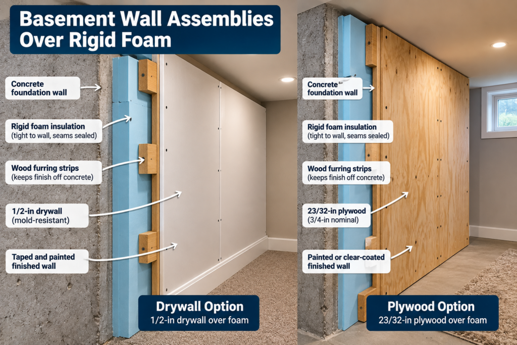 Cheap basement wall ideas showing a side-by-side comparison of 1/2-inch drywall and 23/32-inch plywood installed over rigid foam insulation and wood furring strips.