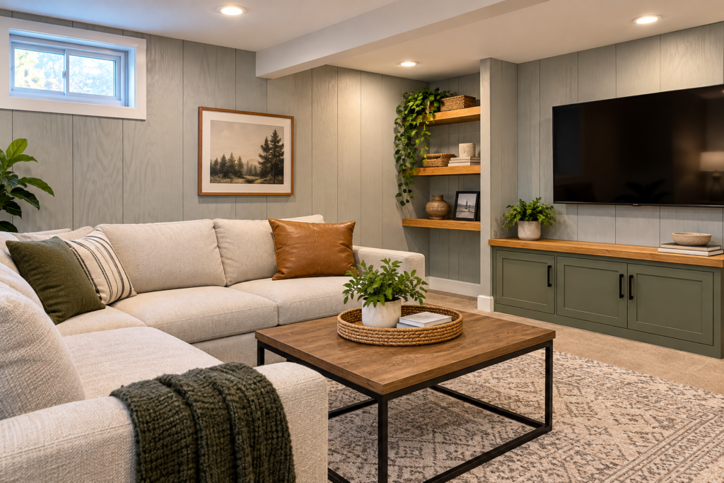 Cheap basement wall ideas featuring painted plywood wall panels in a finished basement living room with a sectional sofa, built-in shelving, and modern decor.