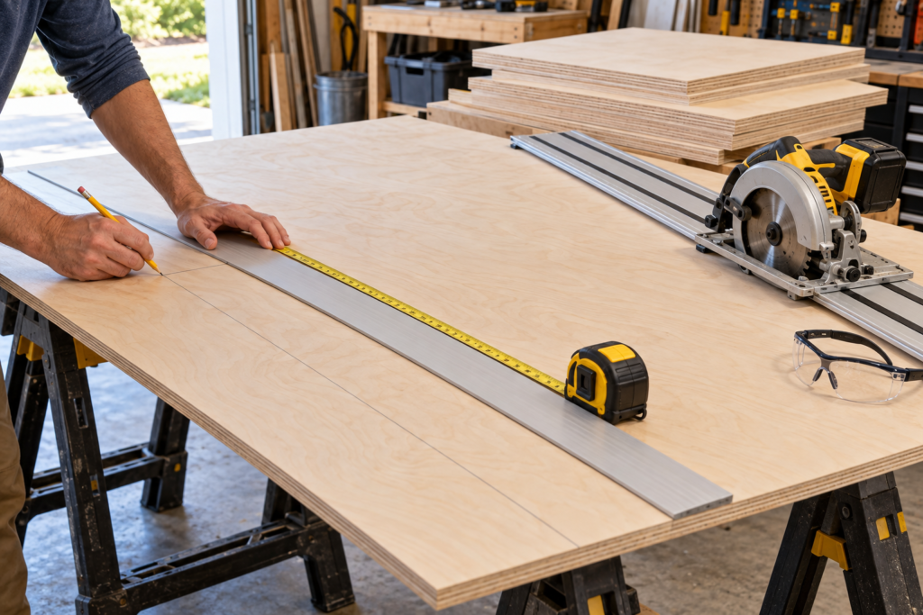Measuring and marking a birch plywood sheet with a straightedge and tape measure before cutting panels for a DIY basement home office desk.