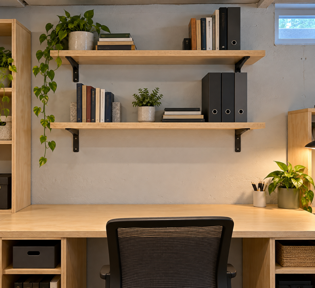 Basement home office on a budget with plywood wall shelves supported by metal brackets.