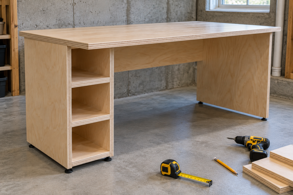 DIY plywood basement home office desk with open storage cubbies, plywood panel leg, and adjustable leveling feet.