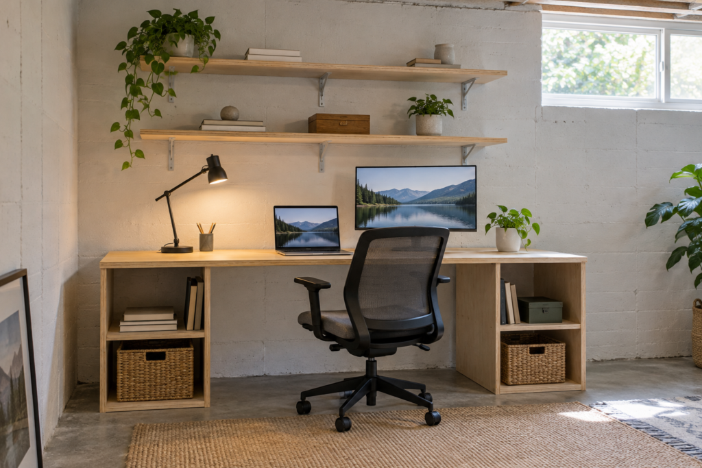 Basement home office on a budget with two DIY plywood storage towers under construction.