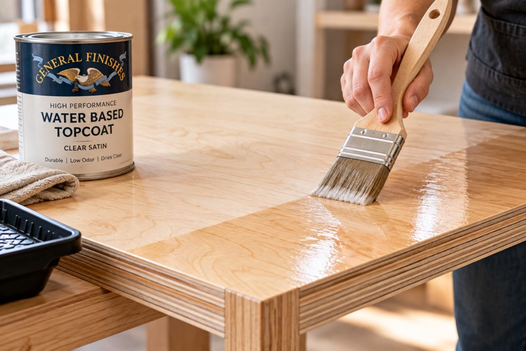 DIY plywood furniture that looks expensive with a clear water-based polyurethane finish being brushed onto a birch plywood tabletop to enhance its natural wood grain.