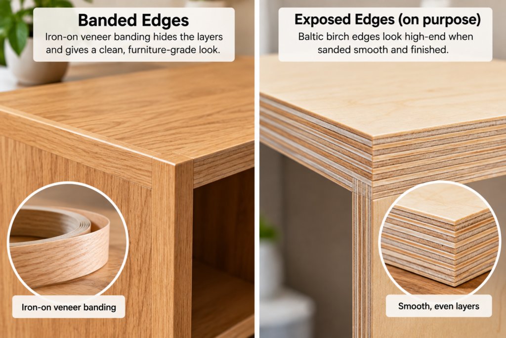 DIY plywood furniture that looks expensive with a side-by-side comparison of iron-on veneer edge banding and smooth, exposed Baltic birch plywood edges.