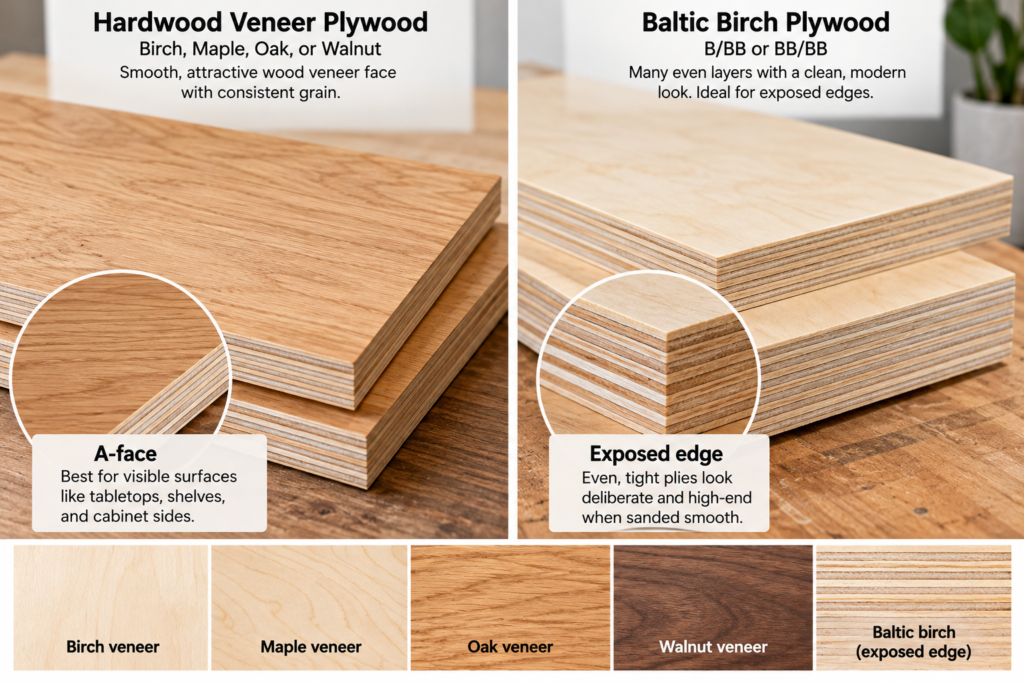 DIY plywood furniture that looks expensive using hardwood veneer plywood and Baltic birch plywood, comparing smooth wood faces and exposed layered edges.