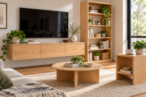 DIY plywood furniture that looks expensive, featuring a modern living room with a floating plywood media console, open bookshelf, coffee table, and side table.