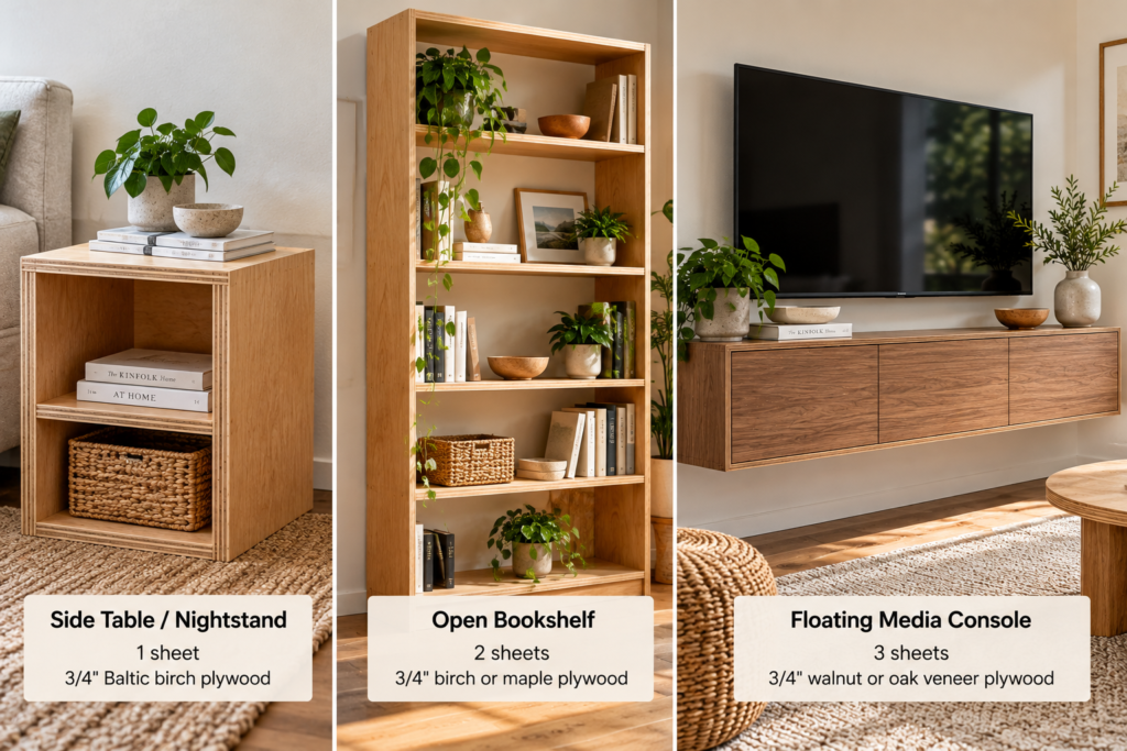 DIY plywood furniture that looks expensive, featuring three projects: a Baltic birch side table, an open plywood bookshelf, and a floating media console.