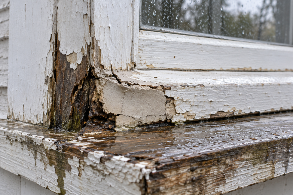 Applying epoxy wood filler to a damaged exterior window sill after removing rotted wood