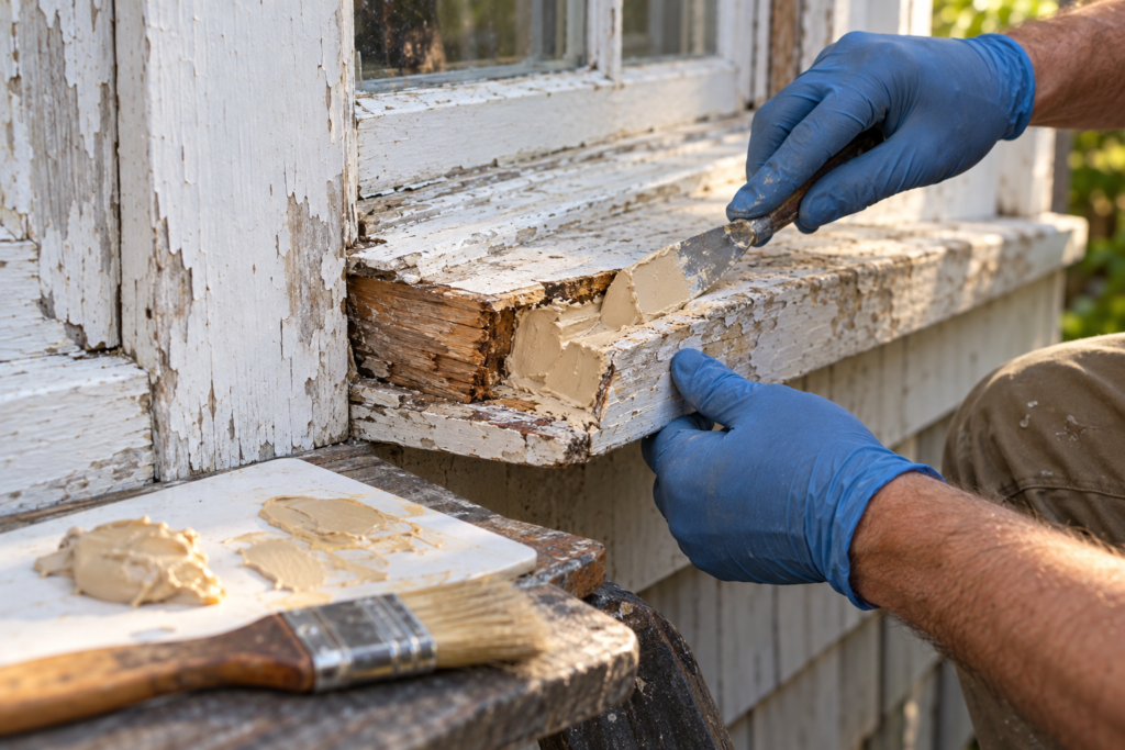 Cracked exterior wood filler separating from a moisture-damaged wooden window sill