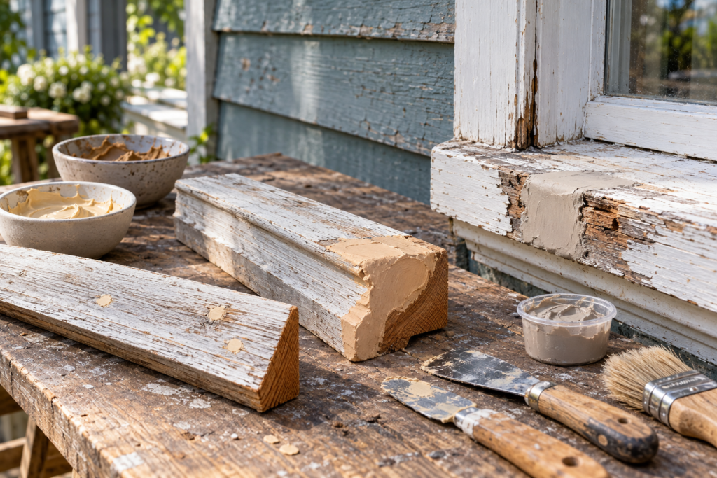 Applying exterior wood filler to nail holes and small cracks in painted outdoor wood trim