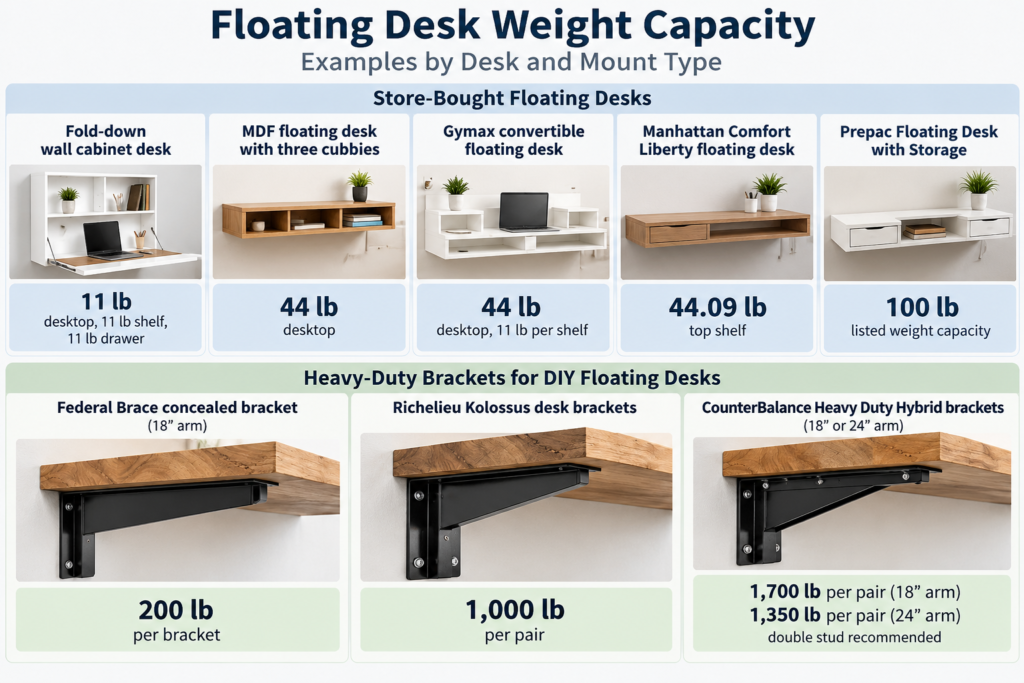 Floating desk weight capacity comparison chart showing weight limits for wall-mounted desks and heavy-duty steel brackets, ranging from 11 to 1,700 pounds.
