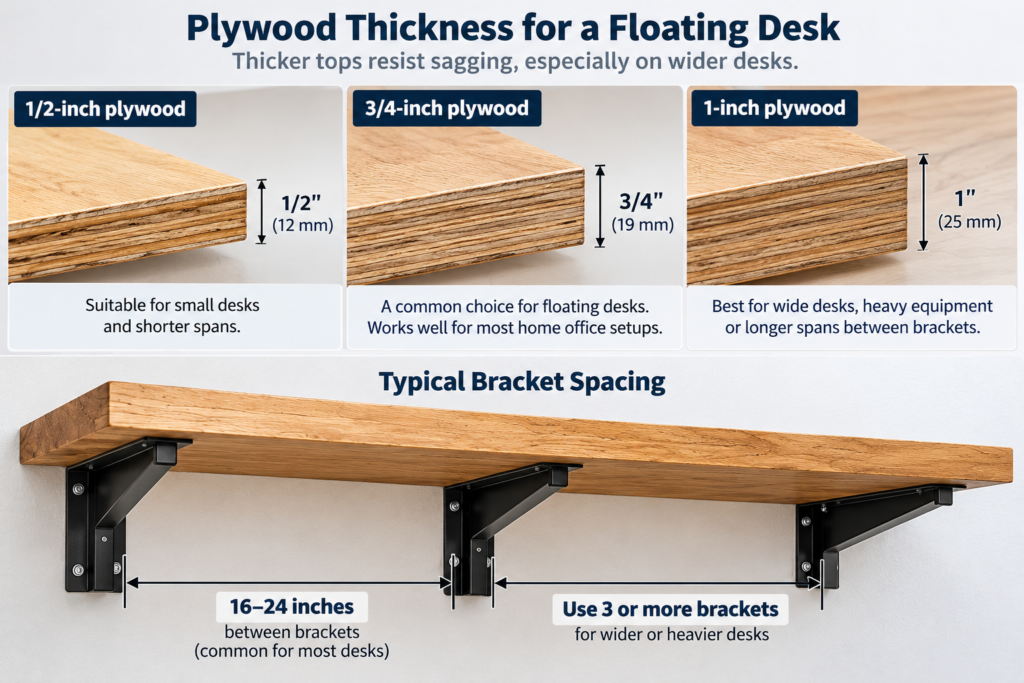 Floating desk weight capacity infographic comparing 1/2-inch, 3/4-inch, and 1-inch plywood thicknesses with steel bracket spacing for preventing desktop sag.
