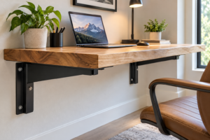 Floating desk weight capacity example showing a thick wooden desktop supported by heavy-duty steel wall-mounted brackets.