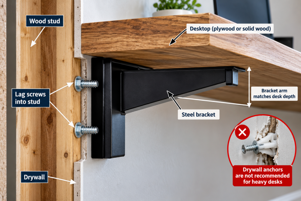 Floating desk weight capacity installation diagram showing a heavy-duty steel bracket secured to a wood stud with structural screws instead of drywall anchors