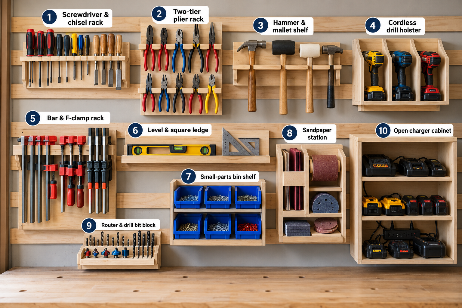 French cleat tool holders mounted on a plywood workshop wall, featuring DIY racks for drills, clamps, screwdrivers, hammers, pliers, and other tools.