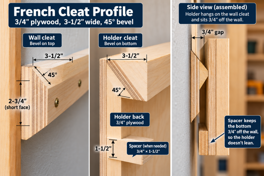 French cleat tool holders construction diagram showing 3/4-inch plywood, 3-1/2-inch-wide cleats, 45-degree bevels, and bottom spacer placement.