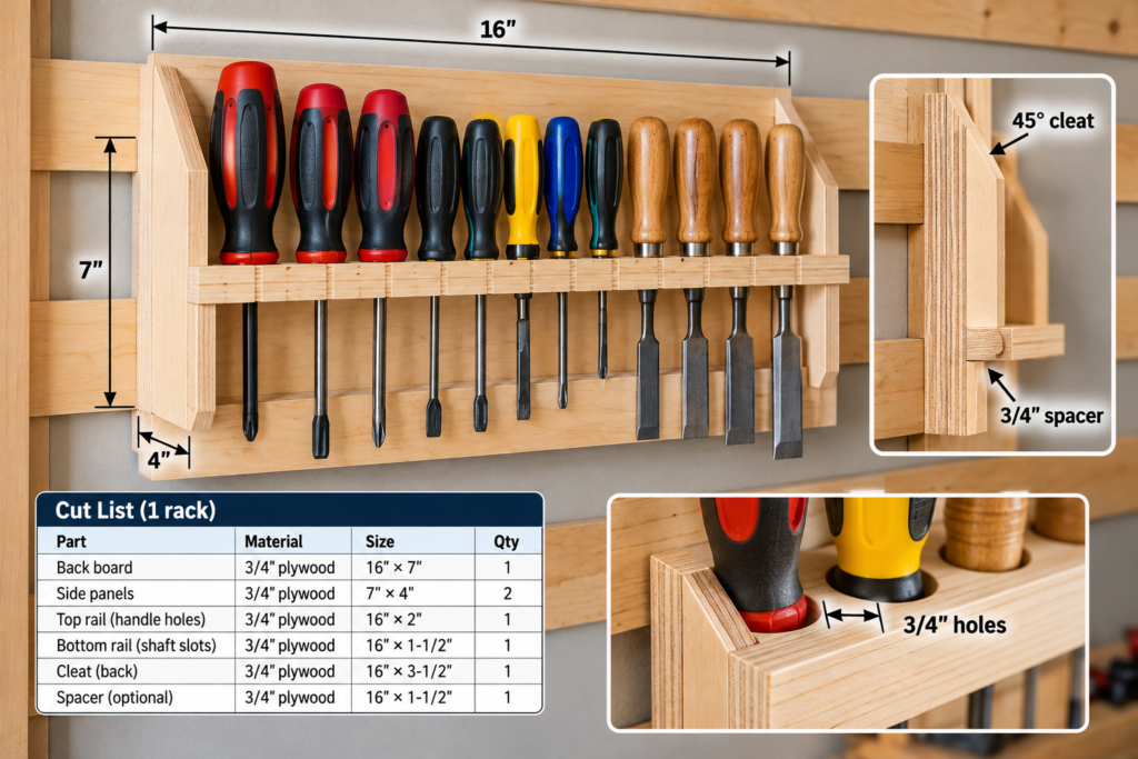 French cleat tool holders featuring a DIY plywood screwdriver and chisel rack with organized tools, mounting cleat, and cut list.