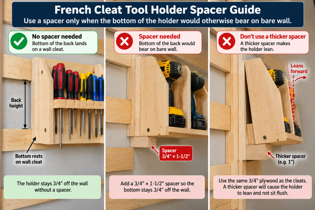 French cleat tool holders spacer guide showing when to use a 3/4-inch plywood spacer, when no spacer is needed, and how incorrect thickness causes leaning.