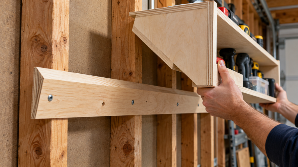 Close-up comparison of a pegboard tool hook and interlocking plywood French cleat storage system.