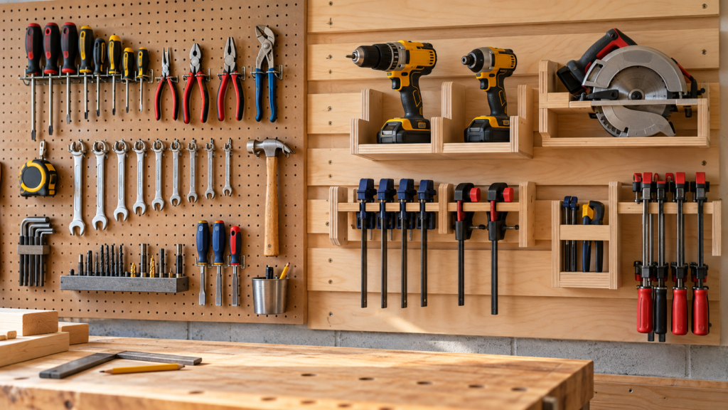 French cleat wall installation showing a plywood tool shelf being mounted onto a wooden wall cleat.