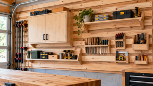 French Cleat Weight Capacity: How Much Can a Cleat Wall Hold? French cleat weight capacity wall with cabinets, shelves, and workshop tool storage
