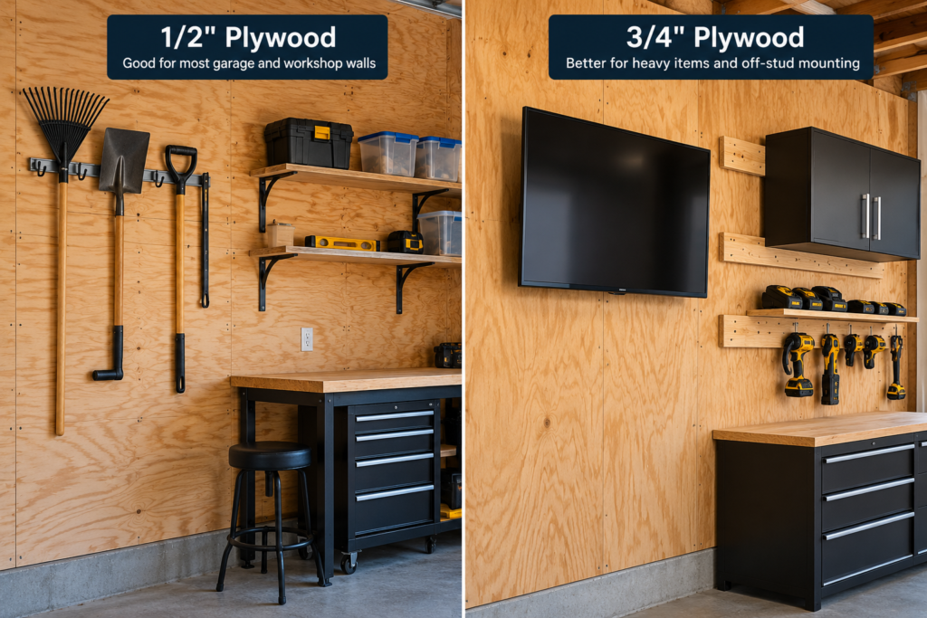 Plywood thickness for walls comparison showing 1/2-inch garage walls and 3/4-inch plywood for heavy mounting