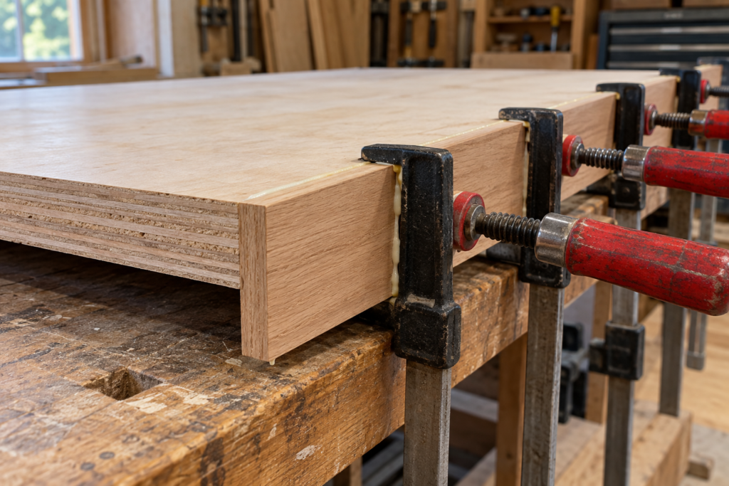 Repairing a sagging plywood shelf by gluing and clamping a hardwood stiffener along the front edge.