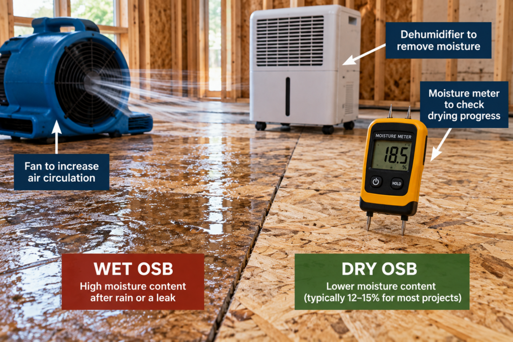 Can OSB get wet? Drying wet OSB with a fan, dehumidifier, and moisture meter